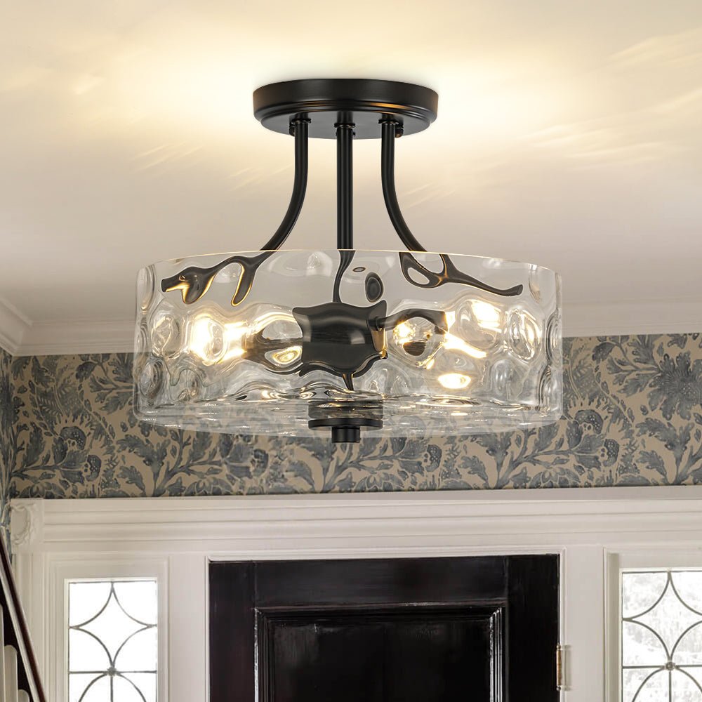 Glazen Plafondlamp Drum Messing 30cm 2 Lichts Gehamerd Glas Woonkamer Eetkamer Semi Flush Mount Badkamer Entree Hal Slaapkamer