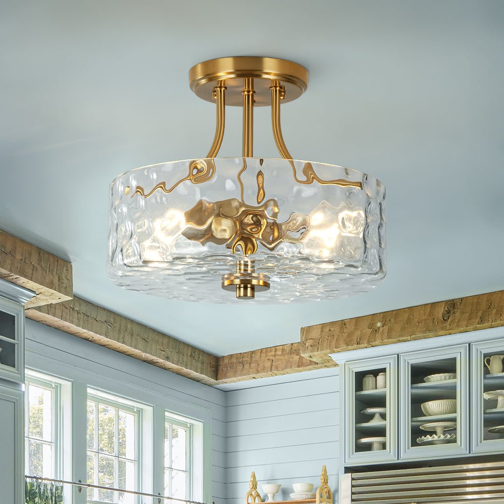 Glazen Plafondlamp Drum Messing 30cm 2 Lichts Gehamerd Glas Woonkamer Eetkamer Semi Flush Mount Badkamer Entree Hal Slaapkamer