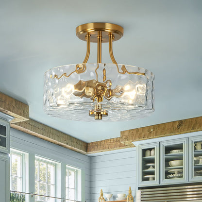 Glazen Plafondlamp Drum Messing 30cm 2 Lichts Gehamerd Glas Woonkamer Eetkamer Semi Flush Mount Badkamer Entree Hal Slaapkamer