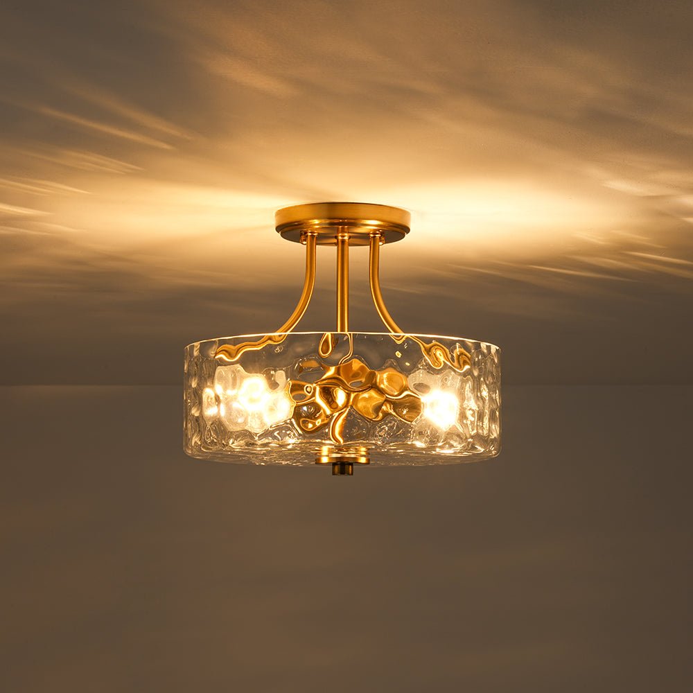 Glazen Plafondlamp Drum Messing 30cm 2 Lichts Gehamerd Glas Woonkamer Eetkamer Semi Flush Mount Badkamer Entree Hal Slaapkamer