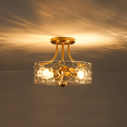 Glazen Plafondlamp Drum Messing 30cm 2 Lichts Gehamerd Glas Woonkamer Eetkamer Semi Flush Mount Badkamer Entree Hal Slaapkamer