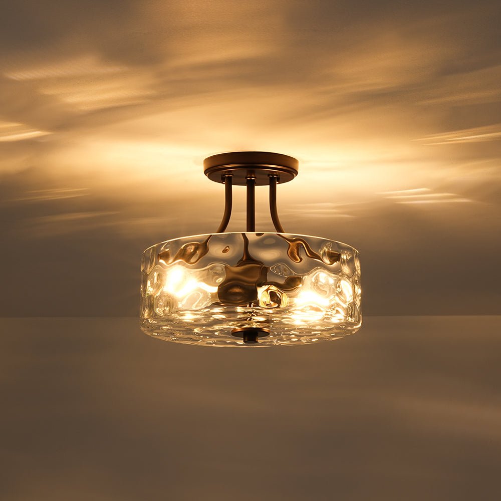 Glazen Plafondlamp Drum Messing 30cm 2 Lichts Gehamerd Glas Woonkamer Eetkamer Semi Flush Mount Badkamer Entree Hal Slaapkamer