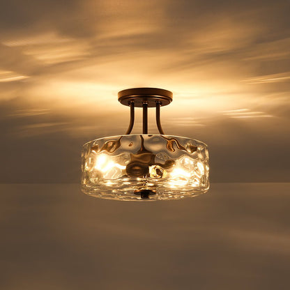 Glazen Plafondlamp Drum Messing 30cm 2 Lichts Gehamerd Glas Woonkamer Eetkamer Semi Flush Mount Badkamer Entree Hal Slaapkamer