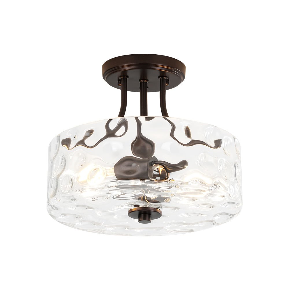 Glazen Plafondlamp Drum Messing 30cm 2 Lichts Gehamerd Glas Woonkamer Eetkamer Semi Flush Mount Badkamer Entree Hal Slaapkamer