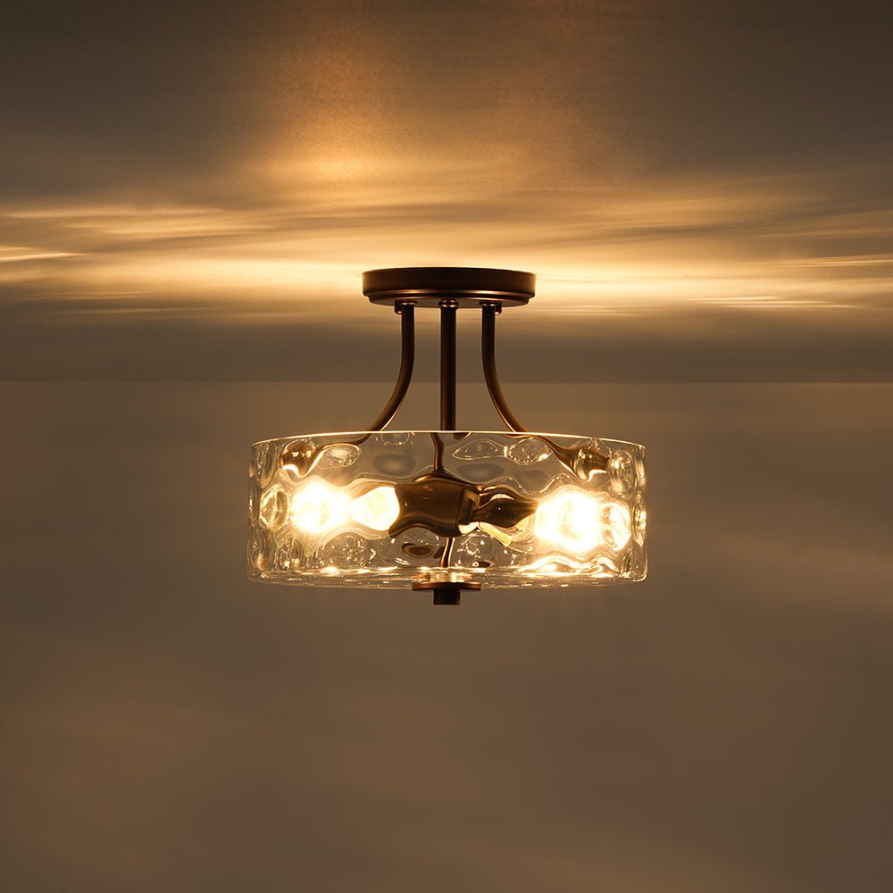 Glazen Plafondlamp Drum Messing 30cm 2 Lichts Gehamerd Glas Woonkamer Eetkamer Semi Flush Mount Badkamer Entree Hal Slaapkamer