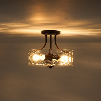Glazen Plafondlamp Drum Messing 30cm 2 Lichts Gehamerd Glas Woonkamer Eetkamer Semi Flush Mount Badkamer Entree Hal Slaapkamer