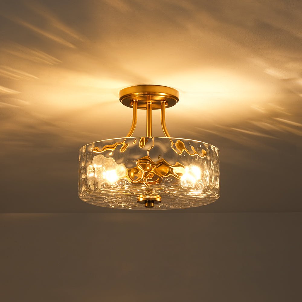 Glazen Plafondlamp Drum Messing 30cm 2 Lichts Gehamerd Glas Woonkamer Eetkamer Semi Flush Mount Badkamer Entree Hal Slaapkamer