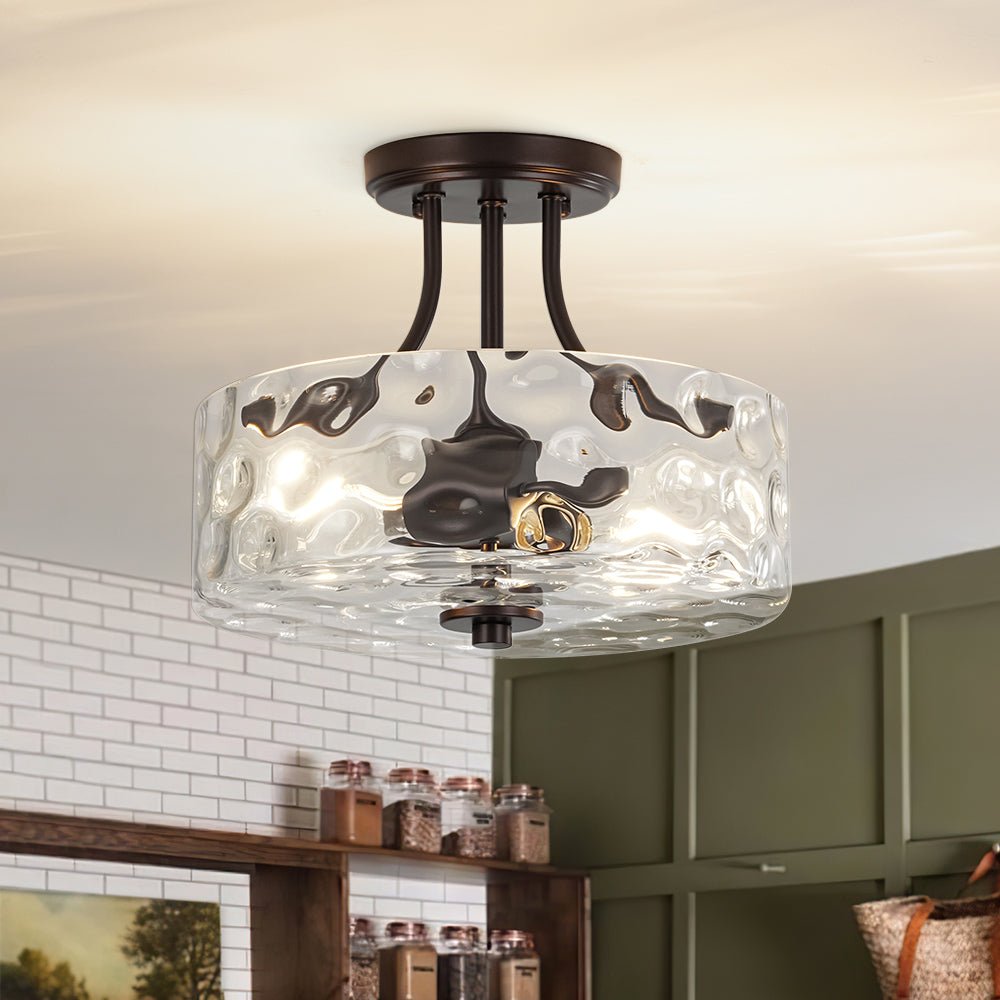 Glazen Plafondlamp Drum Messing 30cm 2 Lichts Gehamerd Glas Woonkamer Eetkamer Semi Flush Mount Badkamer Entree Hal Slaapkamer