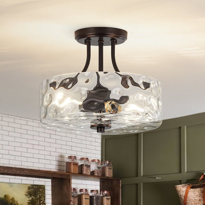 Glazen Plafondlamp Drum Messing 30cm 2 Lichts Gehamerd Glas Woonkamer Eetkamer Semi Flush Mount Badkamer Entree Hal Slaapkamer