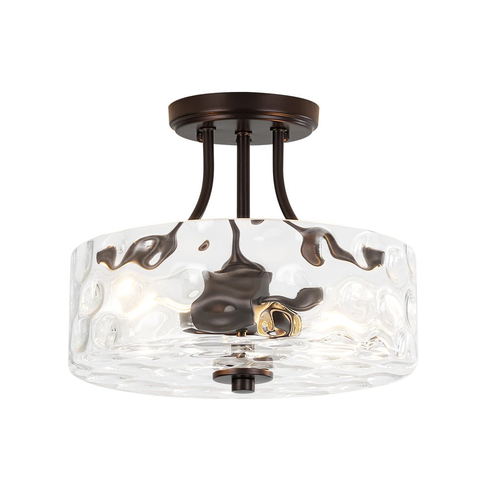 Glazen Plafondlamp Drum Messing 30cm 2 Lichts Gehamerd Glas Woonkamer Eetkamer Semi Flush Mount Badkamer Entree Hal Slaapkamer