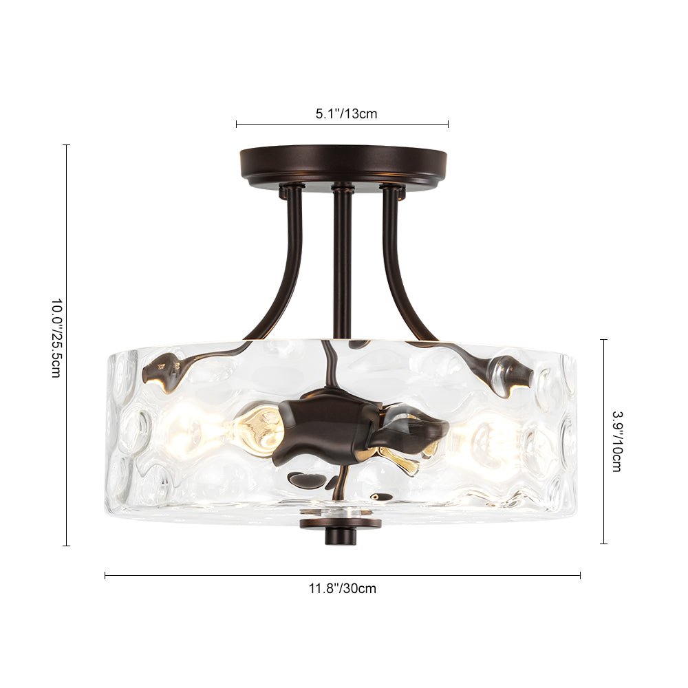 Glazen Plafondlamp Drum Messing 30cm 2 Lichts Gehamerd Glas Woonkamer Eetkamer Semi Flush Mount Badkamer Entree Hal Slaapkamer