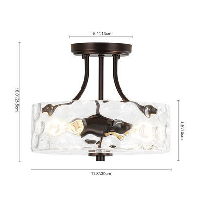 Glazen Plafondlamp Drum Messing 30cm 2 Lichts Gehamerd Glas Woonkamer Eetkamer Semi Flush Mount Badkamer Entree Hal Slaapkamer