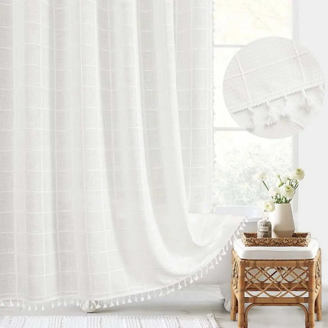 Linnen Douchegordijn met Kwastjes Waterdicht Jacquard Boho Stijl Badkamerdecoratie Modern Bohemian Design