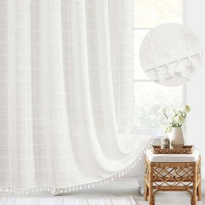 Linnen Douchegordijn met Kwastjes Waterdicht Jacquard Boho Stijl Badkamerdecoratie Modern Bohemian Design