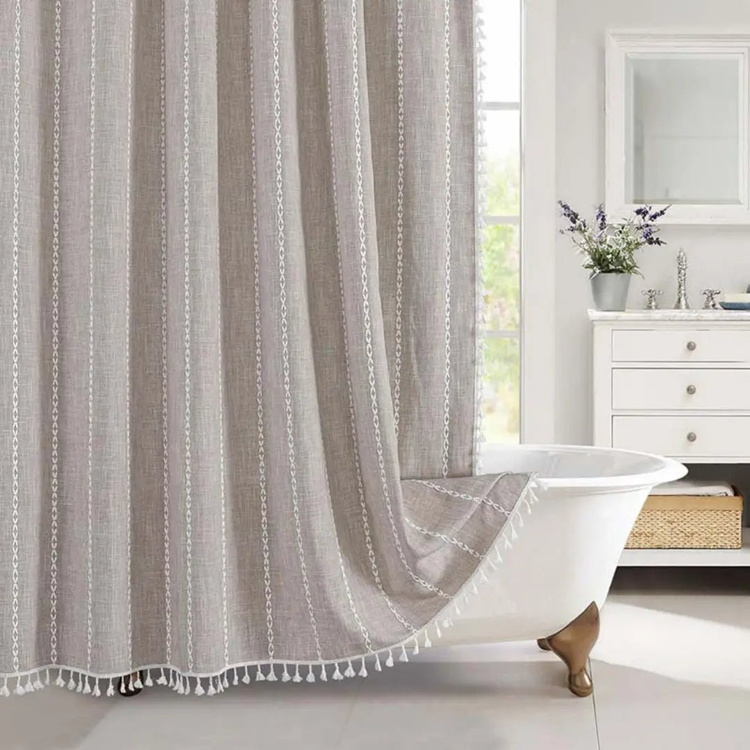 Linnen Douchegordijn met Kwastjes Waterdicht Jacquard Boho Stijl Badkamerdecoratie Modern Bohemian Design
