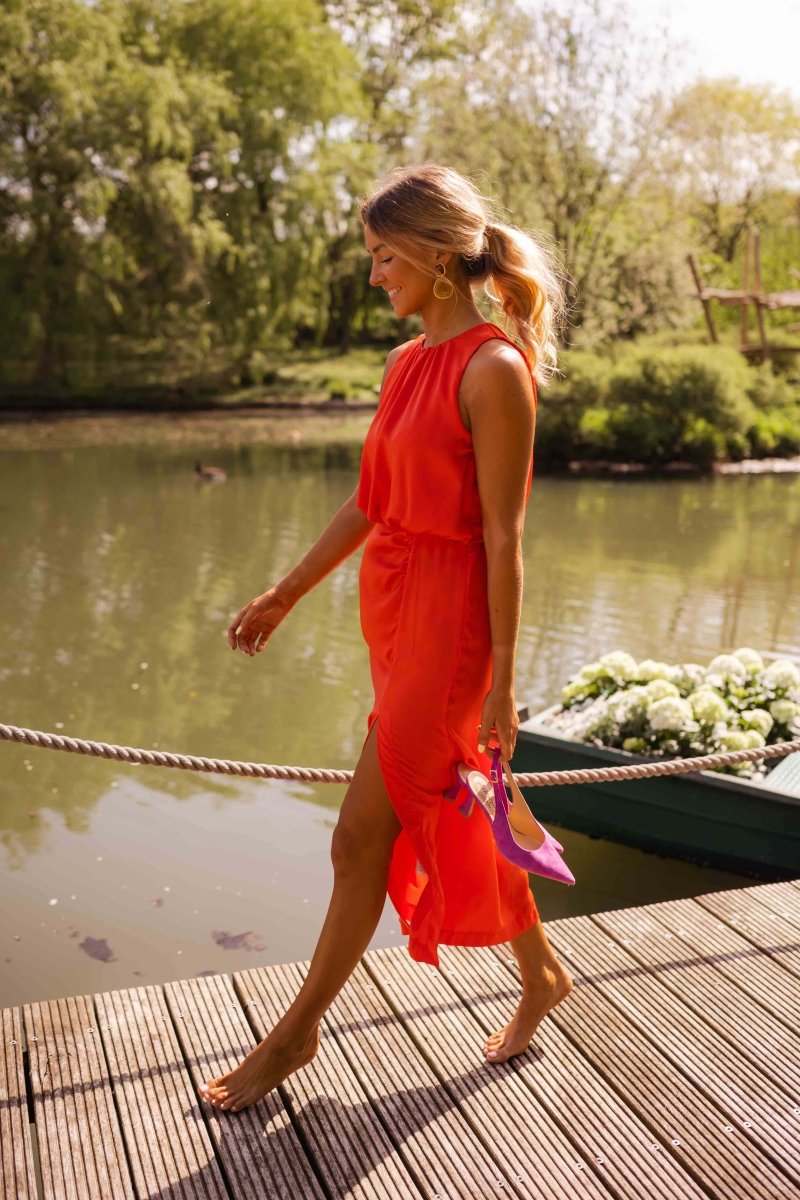 Zomerjurk Midi Rood Korte Mouwen