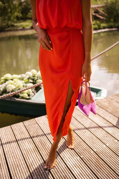 Zomerjurk Midi Rood Korte Mouwen