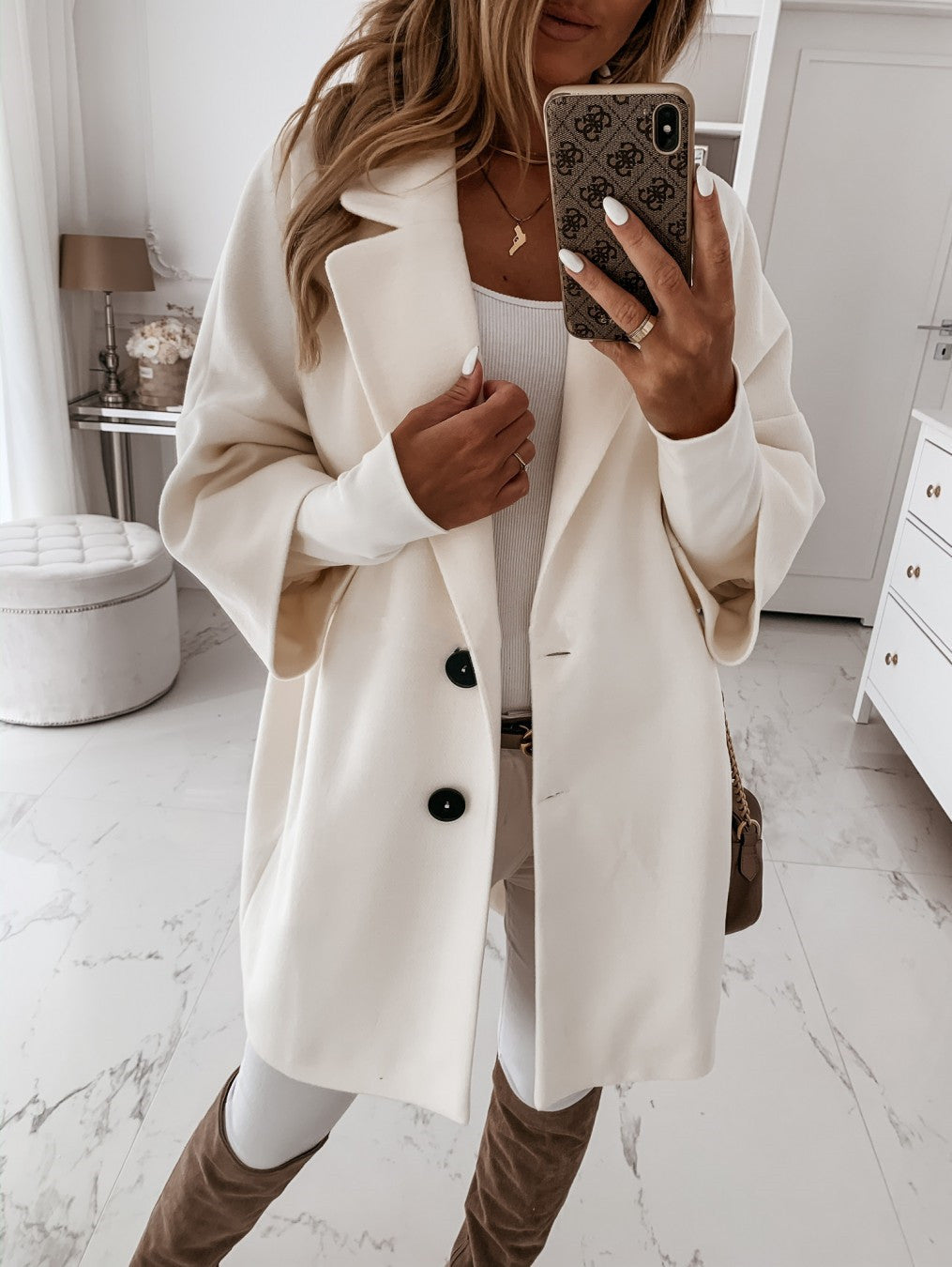 Dames Zwart Katoenen Mantel 3/4 Mouw Casual Stijl - StudioMarella