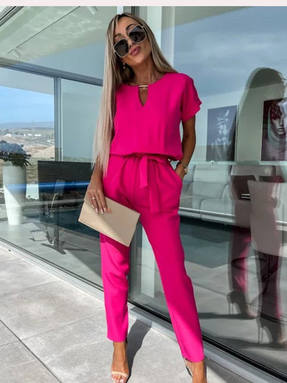 Dames Jumpsuit Korte Mouw Met Riem Zomerjurk - StudioMarella