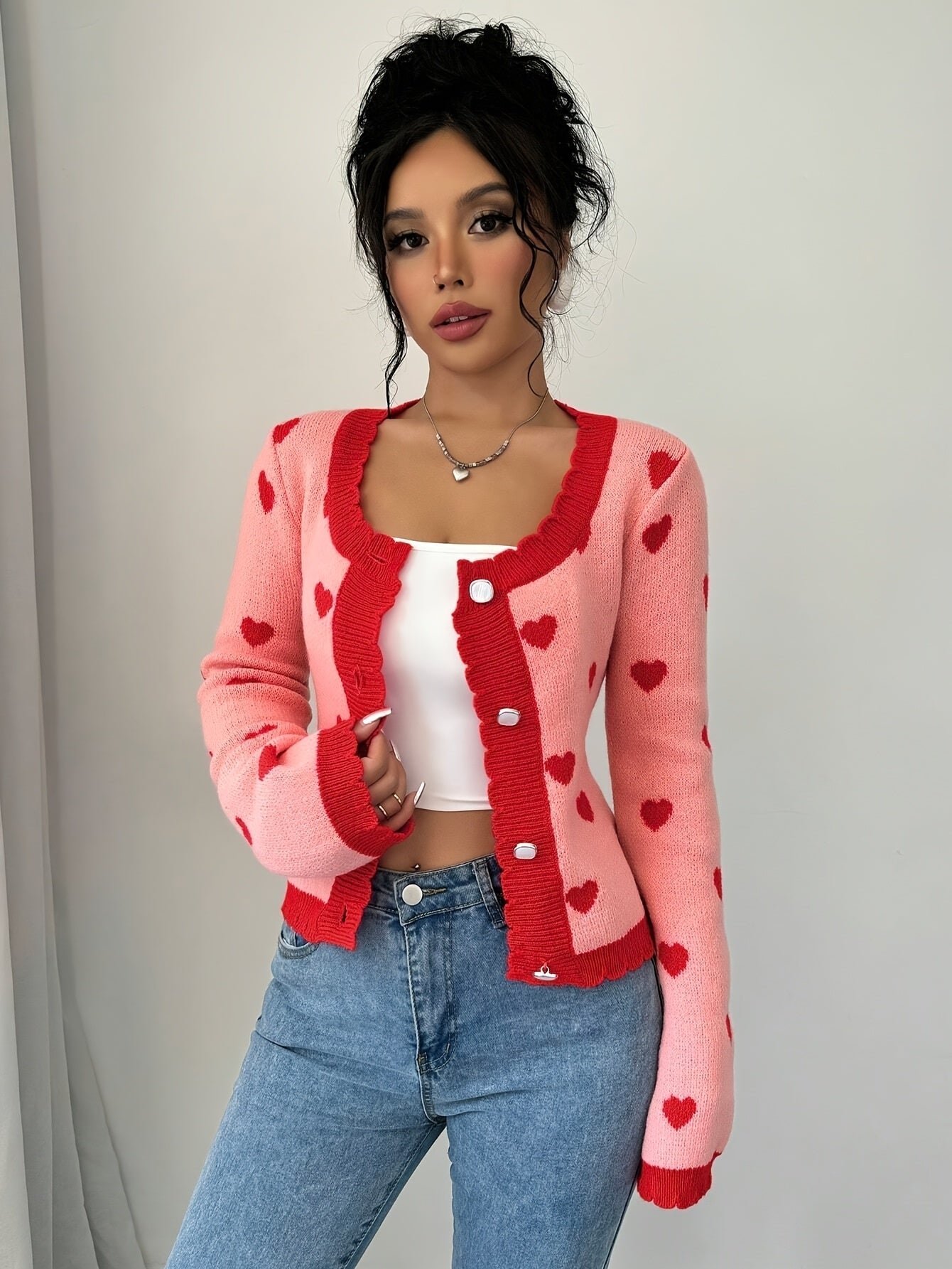 Damesvest Hartjespatroon Rood Roze Stijlvol - StudioMarella