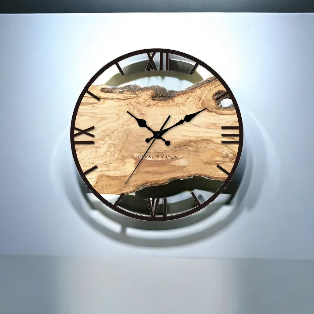 Wandklok Transparant Hout Epoxy Resin Romeinse Cijfers Stil Uurwerk Modern Woonkamer Slaapkamer