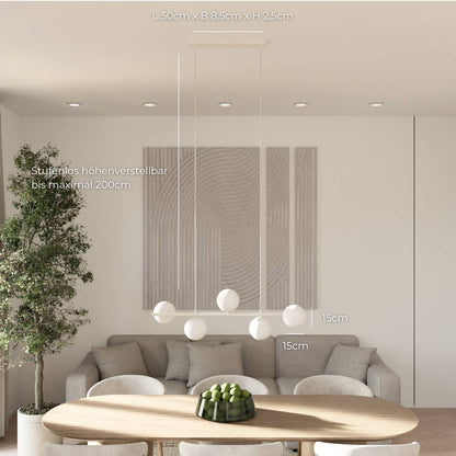 Moderne design hanglamp met 5 opaalglazen bollen boven eettafel – Eloria