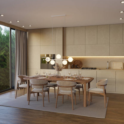 Moderne design hanglamp met 5 opaalglazen bollen boven eettafel – Eloria