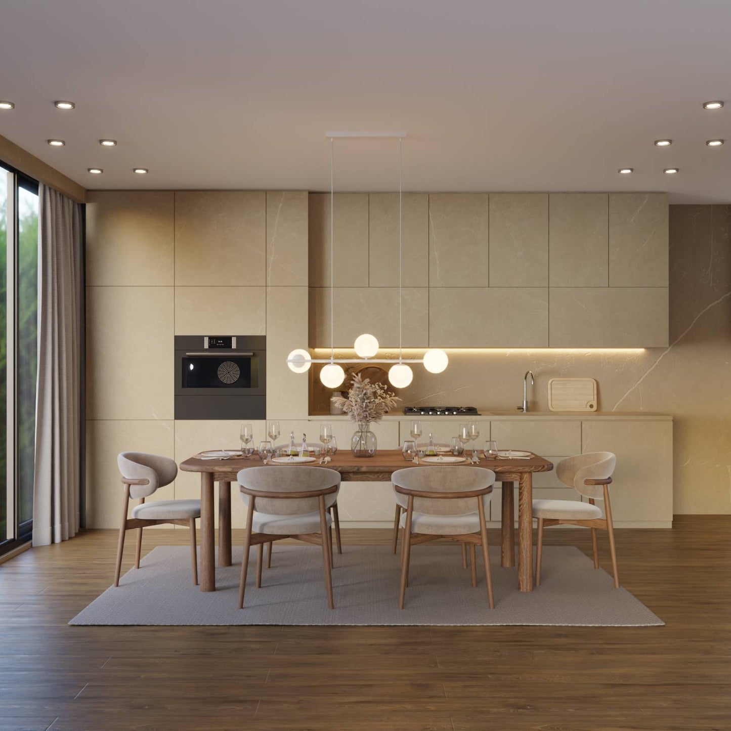 Moderne design hanglamp met 5 opaalglazen bollen boven eettafel – Eloria