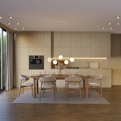 Moderne design hanglamp met 5 opaalglazen bollen boven eettafel – Eloria