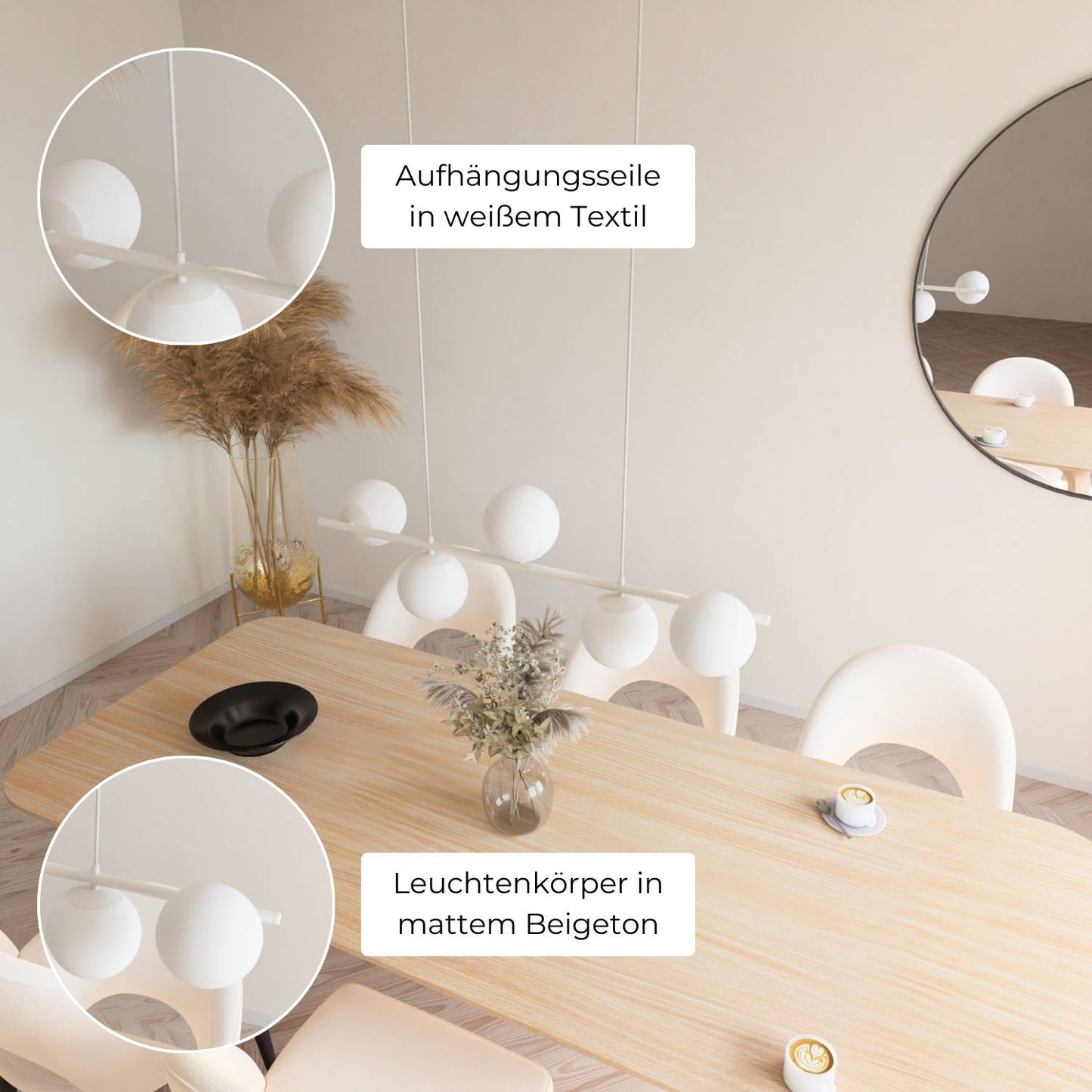 Moderne design hanglamp met 5 opaalglazen bollen boven eettafel – Eloria