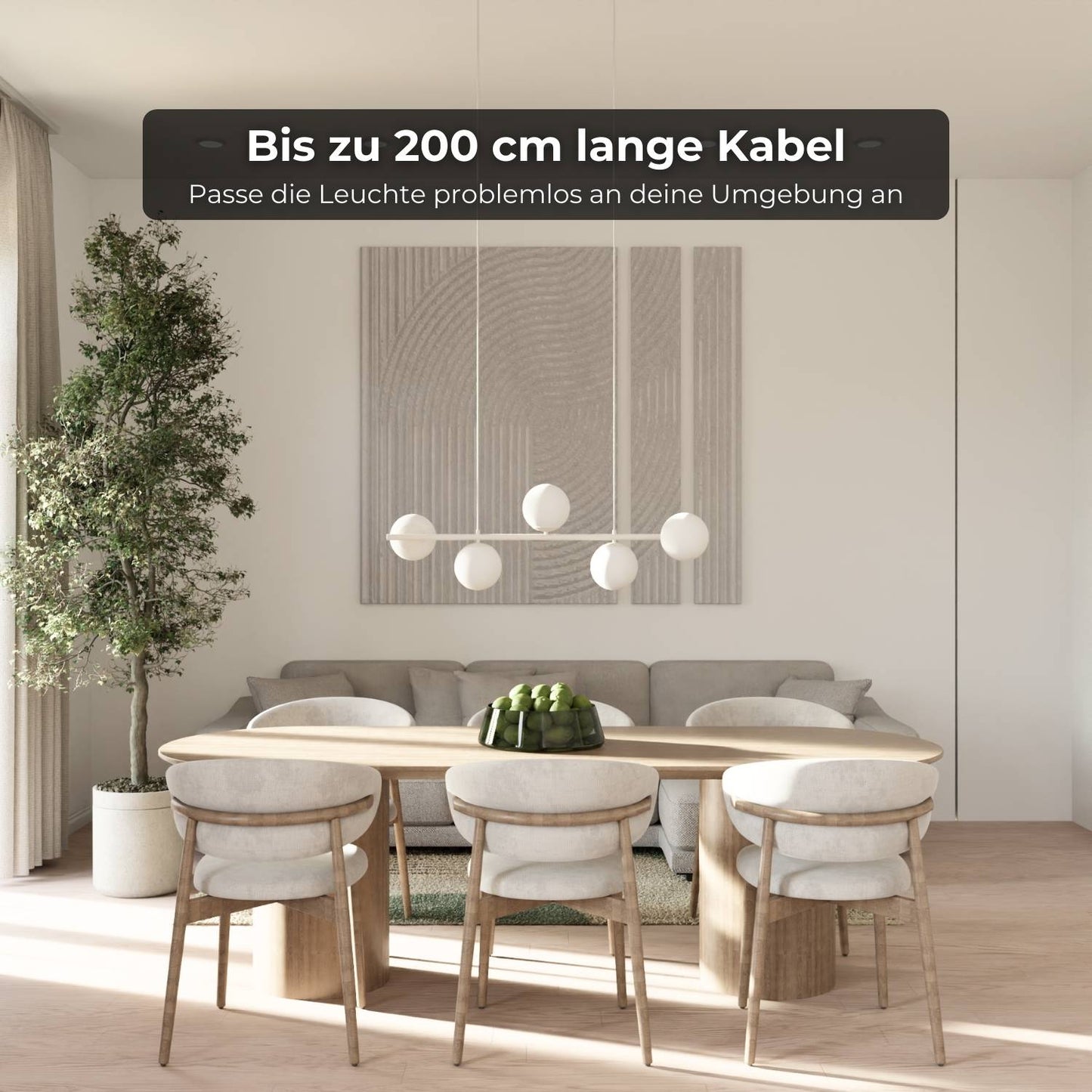 Moderne design hanglamp met 5 opaalglazen bollen boven eettafel – Eloria