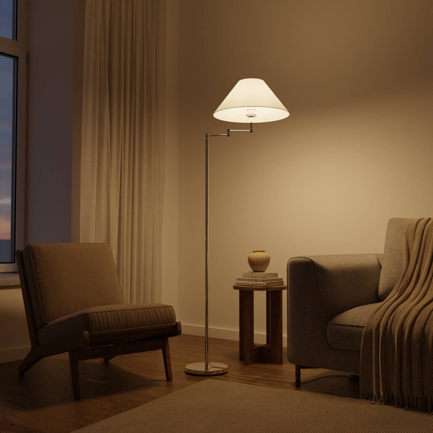 Elegante chromen vloerlamp met verstelbare arm en leesfunctie