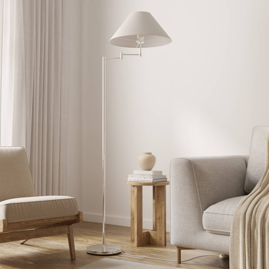 Elegante chromen vloerlamp met verstelbare arm en leesfunctie