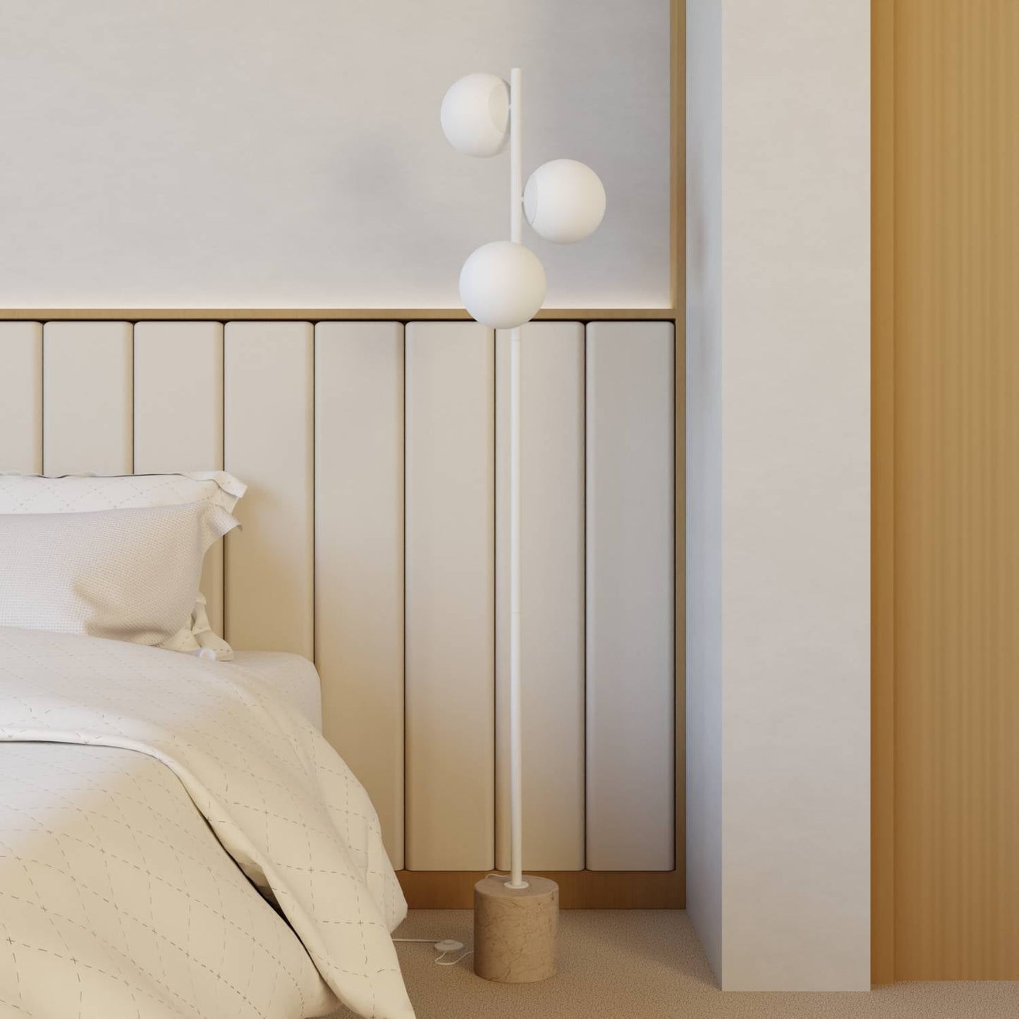 Luxe design vloerlamp met travertin voet en warm diffuus licht – Avera