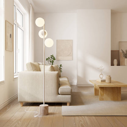 Luxe design vloerlamp met travertin voet en warm diffuus licht – Avera