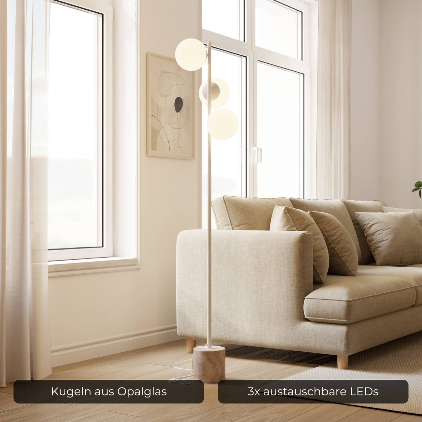 Luxe design vloerlamp met travertin voet en warm diffuus licht – Avera