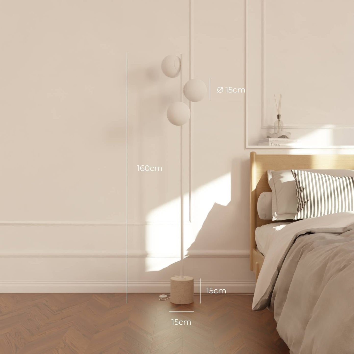Luxe design vloerlamp met travertin voet en warm diffuus licht – Avera