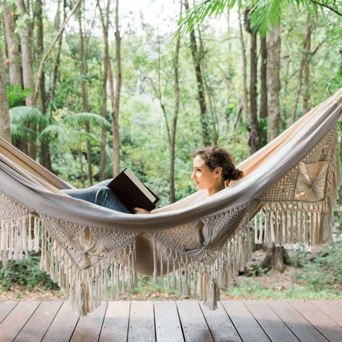 Handgeweven Hangmat Katoenen Touw Boho-Stijl Tweepersoons Draagbaar 200x150cm