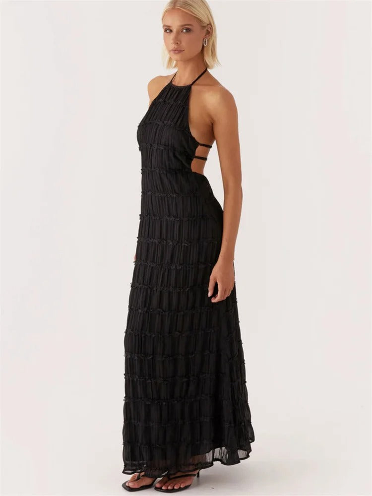 Elegante Maxi-Jurk met Open Rug en Halterhals - StudioMarella