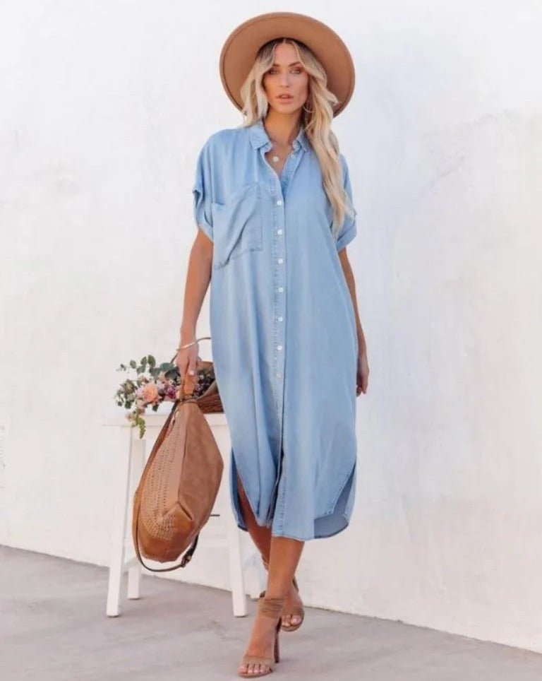 Blauwe Denim Jurk Korte Mouwen Zomerjurk voor Vrouw