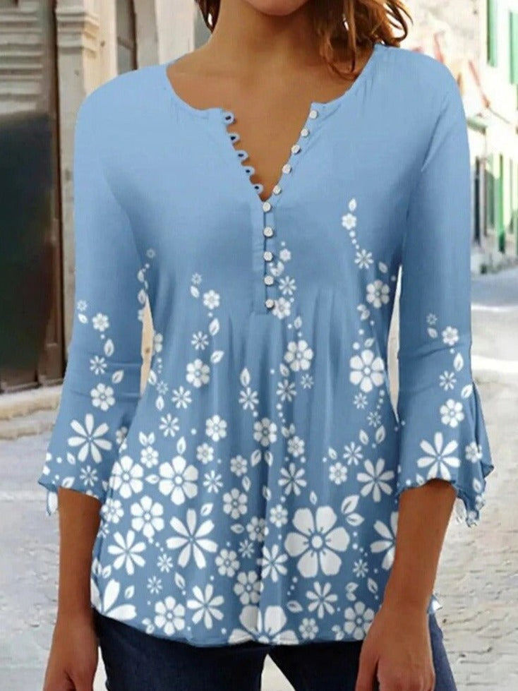 Dames T-shirt Zomer V-hals Knoopsluiting Kort