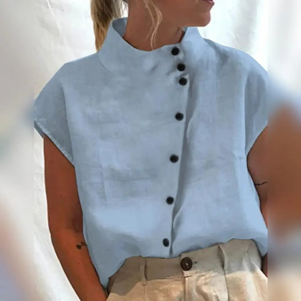 Vrouwen Blouse V-hals met Knopen en Diagonale Sluiting
