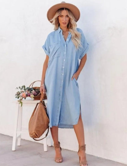 Blauwe Denim Jurk Korte Mouwen Zomerjurk voor Vrouw
