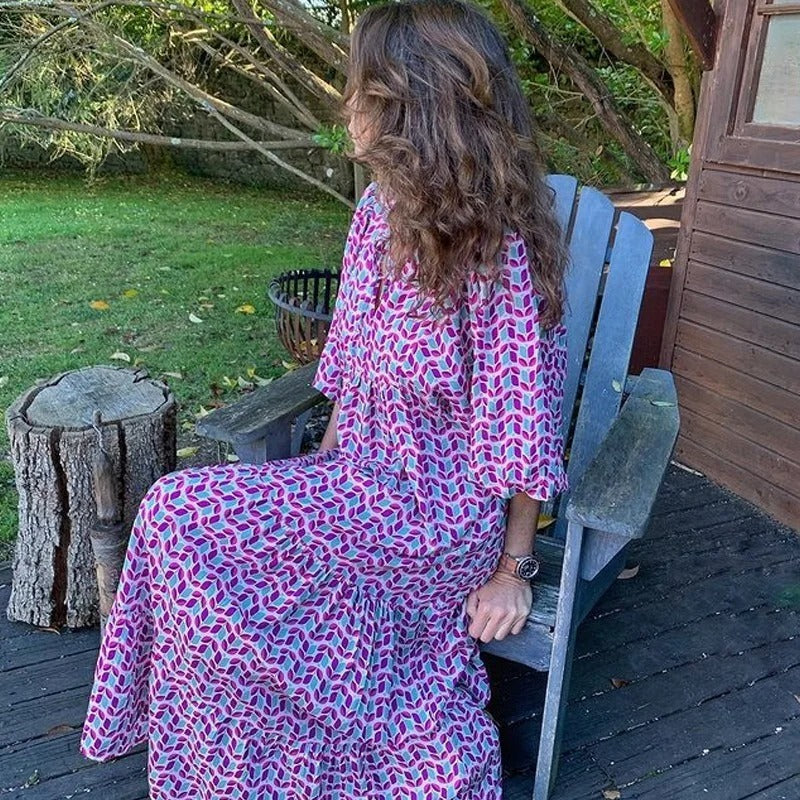 Zomerjurk Geometrische Print Vrouwelijke Jurk Korte Mouw