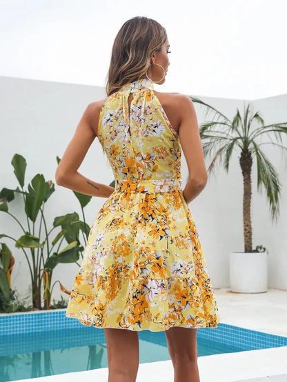 Bloemenjurk Mini Zomerjurk Halterneck voor Vrouw