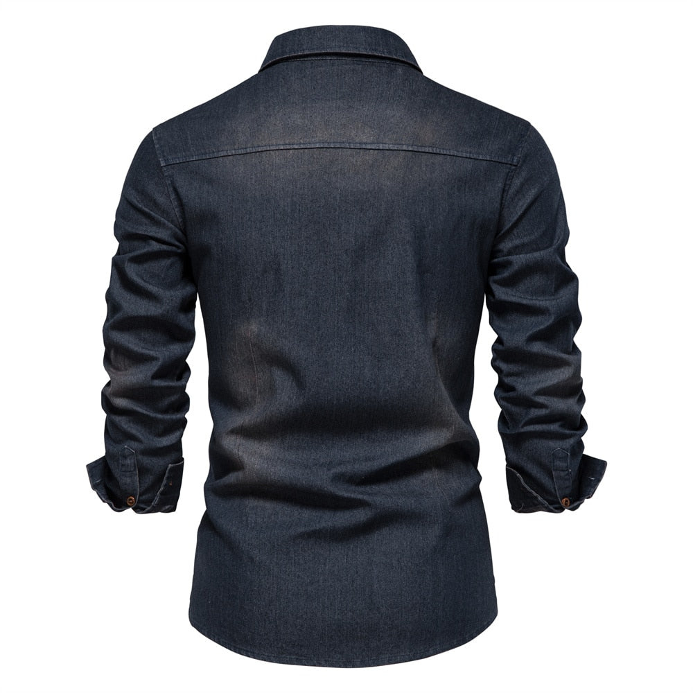 Heren Overhemd Blauwe Denim Casual Kwaliteit