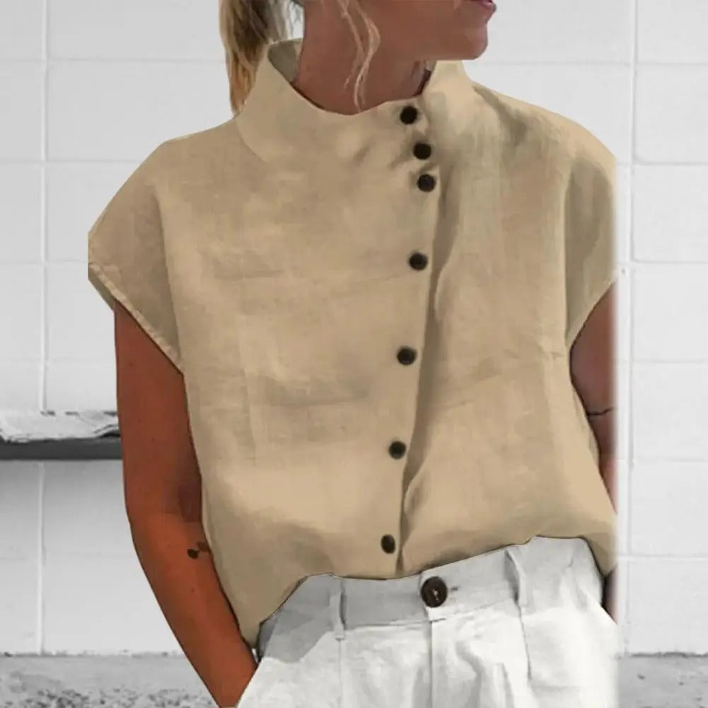 Vrouwen Blouse V-hals met Knopen en Diagonale Sluiting