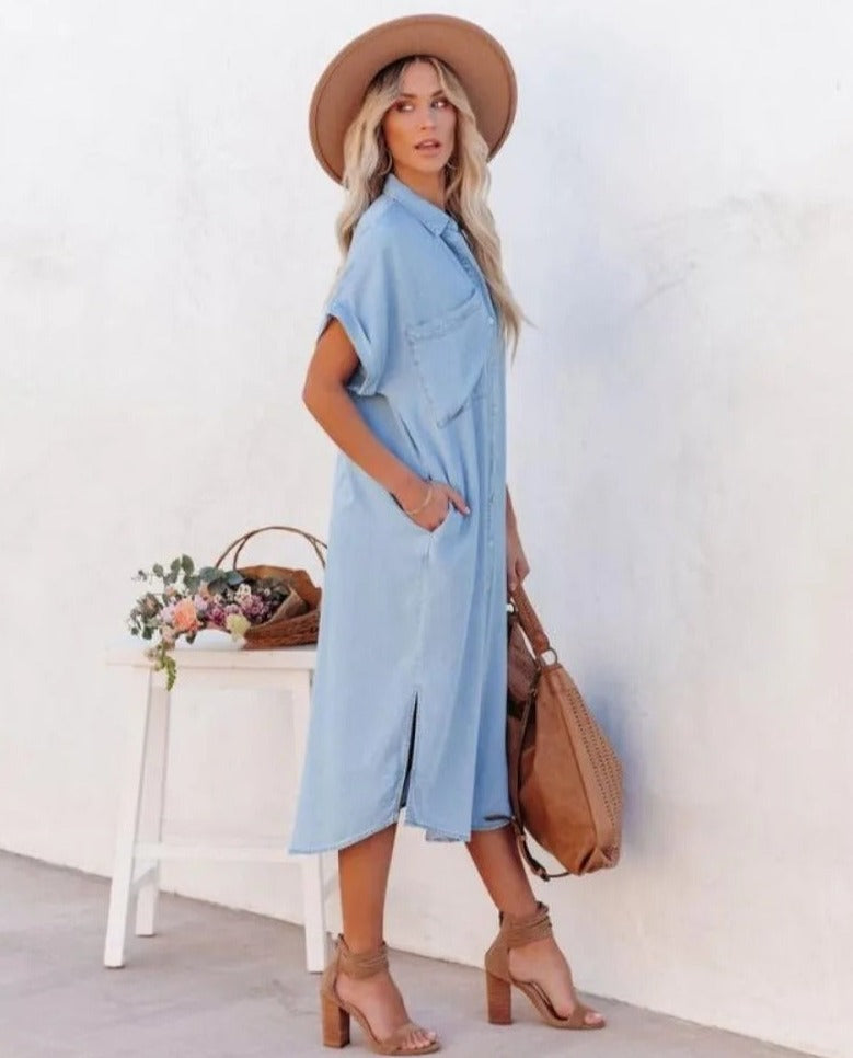 Blauwe Denim Jurk Korte Mouwen Zomerjurk voor Vrouw