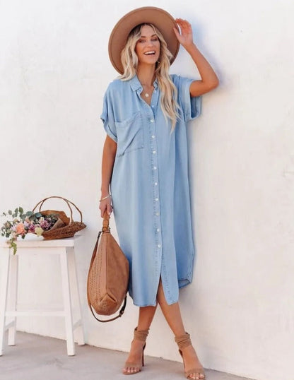 Blauwe Denim Jurk Korte Mouwen Zomerjurk voor Vrouw