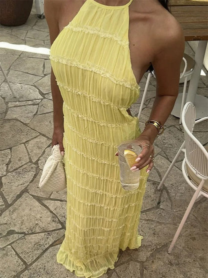 Elegante Maxi-Jurk met Open Rug en Halterhals